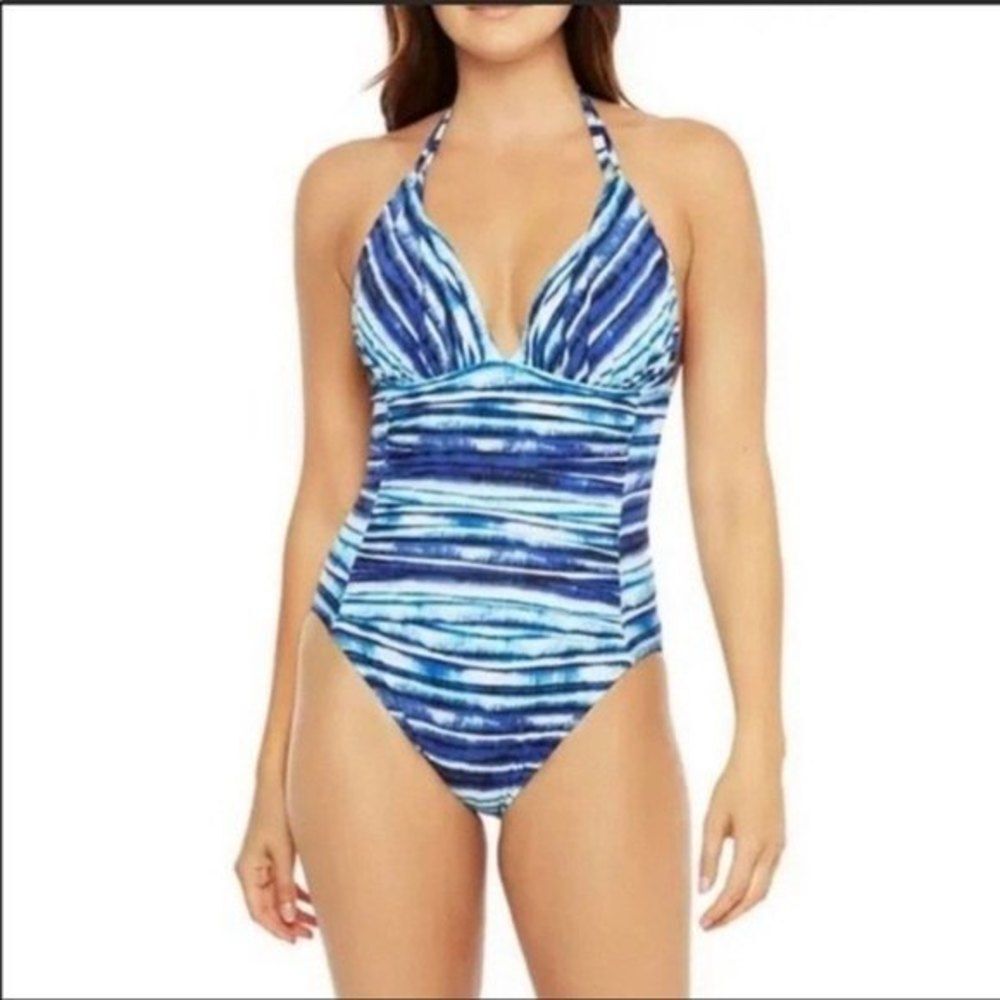La Blanca Womens Size 10 Serene Stripe Tummy-Control Strappy One-Piece Swimsuit